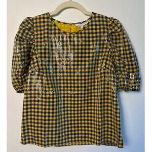 ✨ NWT English Factory Sequin Yellow/Navy Gingham Puff Sleeve Top ✨